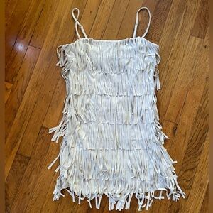 Ivory Fringe Mini Dress – Layered Tassel Flapper Style Party Dress